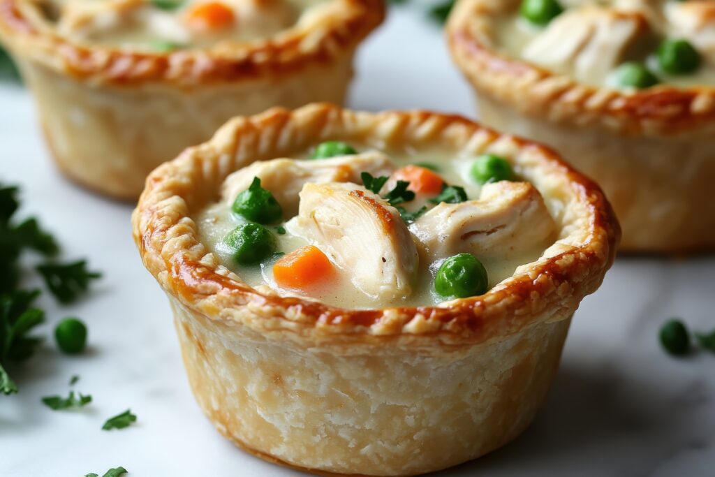 Golden mini chicken pot pie muffins with a flaky crust and creamy filling of chicken.